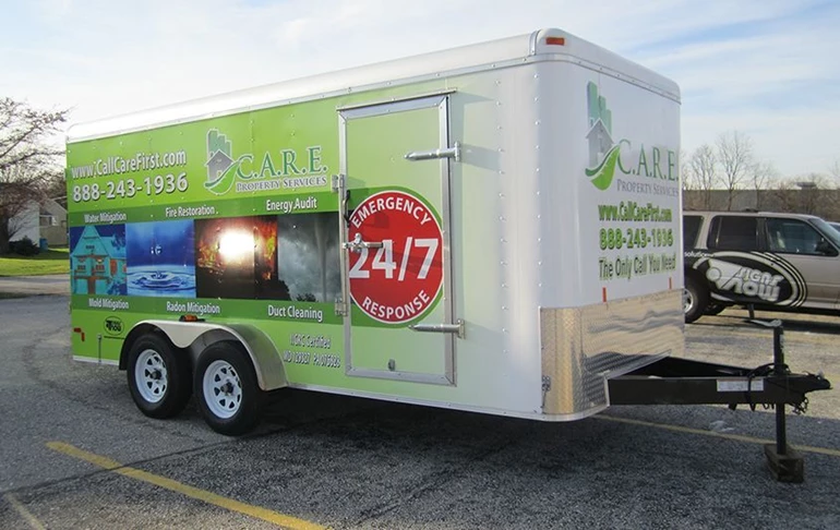 A full vehicle wrap transforms this trailer from plain white to eye catching.