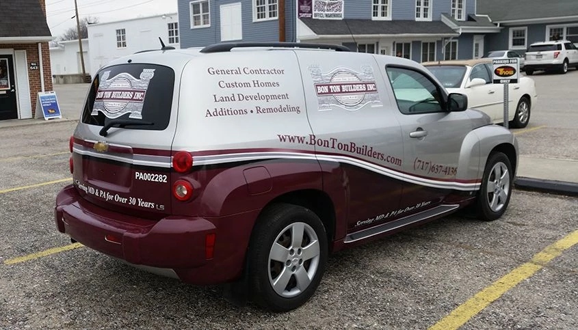 We designed, printed and installed this partial vehicle wrap for Bon Ton Builders of Hanover, PA.
